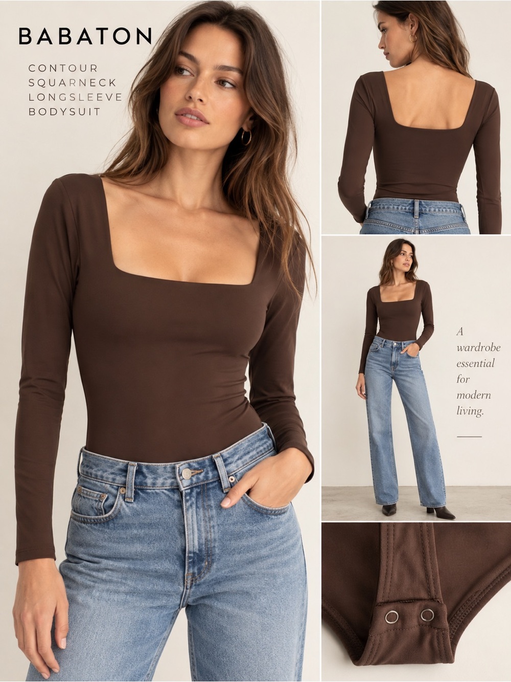 Babaton Contour Square Neck Long Sleeve Bodysuit Brown XL